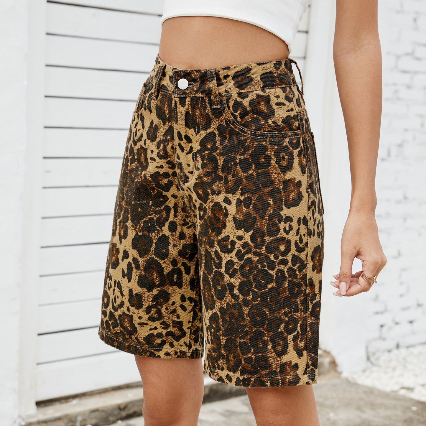 Summer New Washed Casual Retro Leopard-Print Slimming Denim Shorts