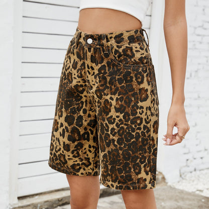 Summer New Washed Casual Retro Leopard-Print Slimming Denim Shorts