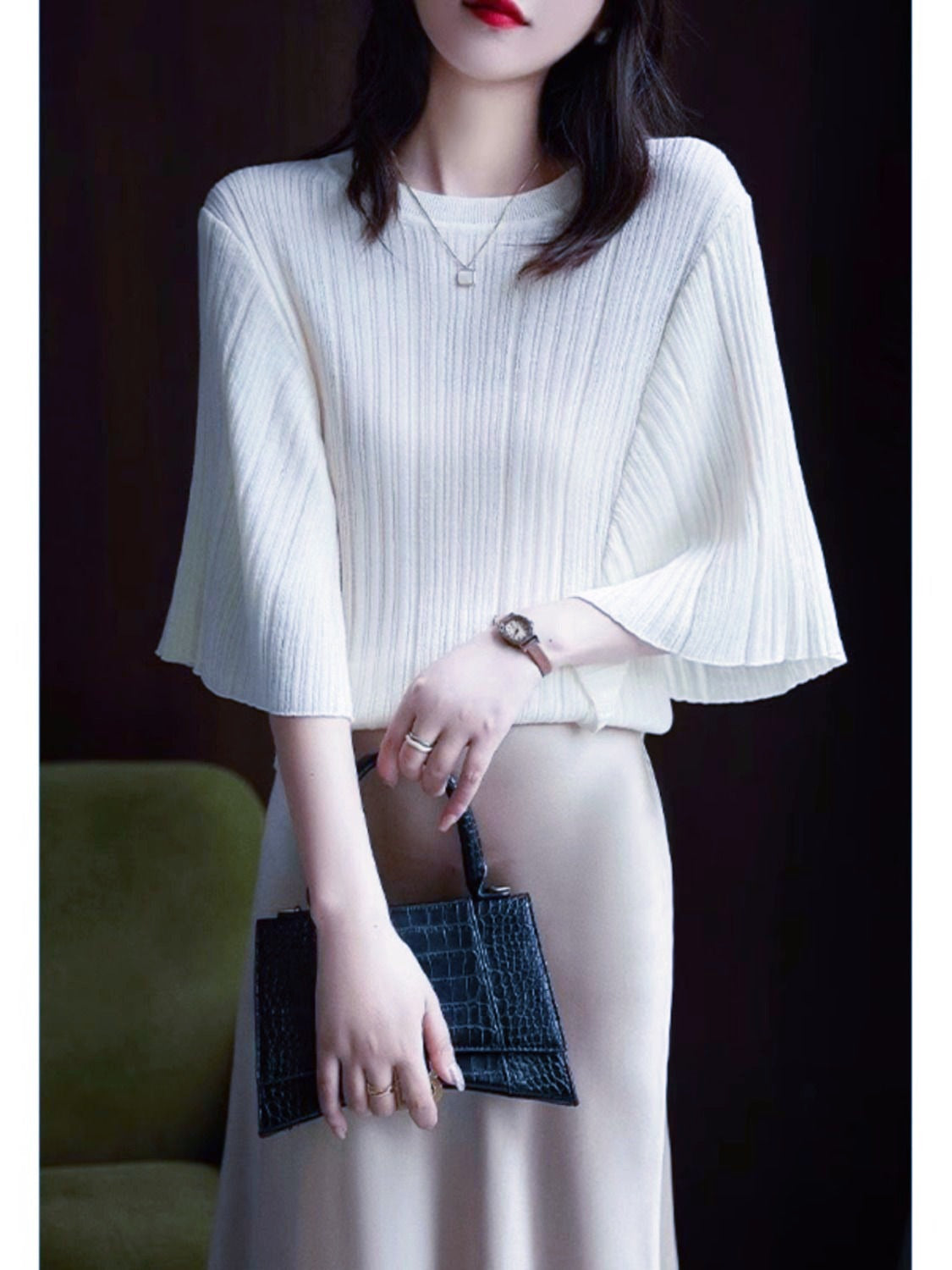 Womens French-style Batwing-sleeve Knit Short-sleeve Top