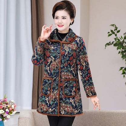 Womens Fashionable Floral-print Warm Plus-size Cotton Coat