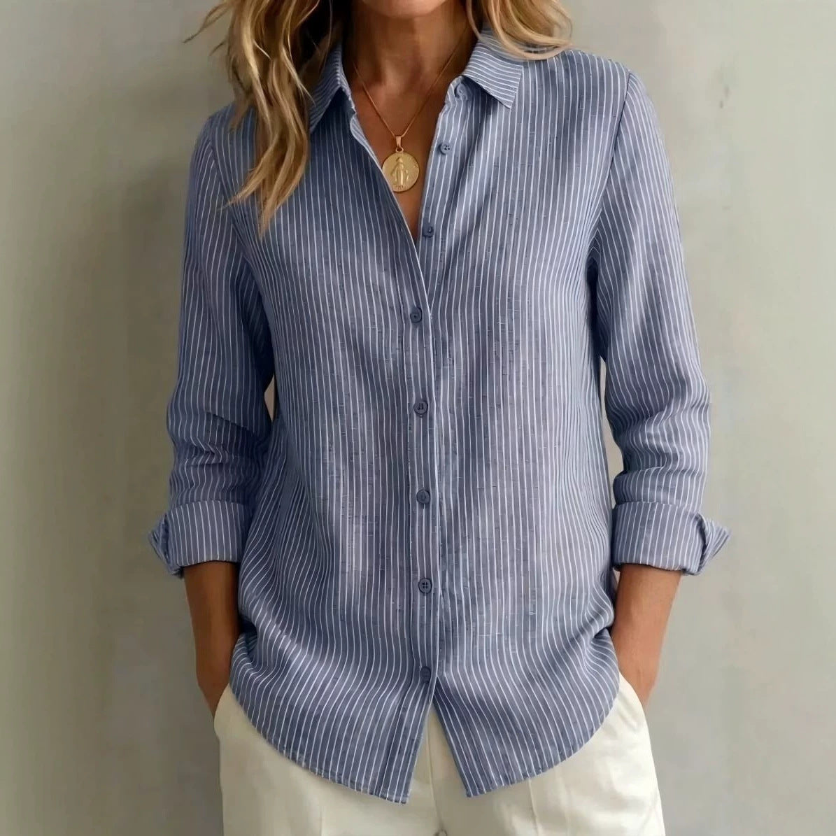 Womens Long-sleeved Linen Shirt With Blue And White Vertical Stripes