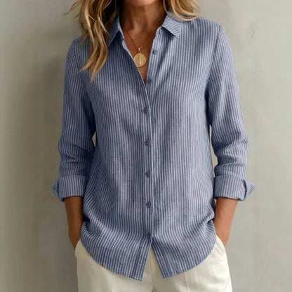 Womens Long-sleeved Linen Shirt With Blue And White Vertical Stripes