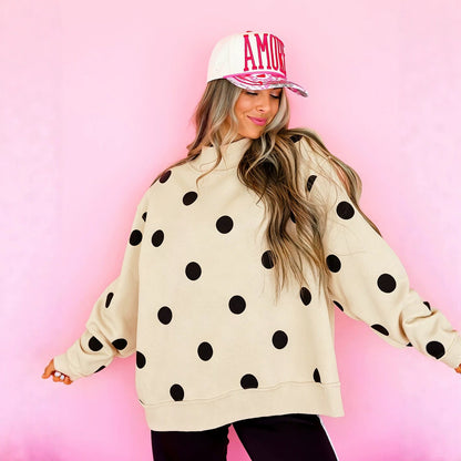 Womens Relaxed-fit Casual Polka-dot Printed Mock-neck Sweatshirt