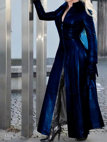 Women's Fashion Long Leather Coat With Stand Collar