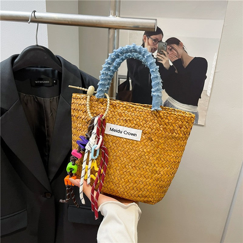 Color-block Minimalist Straw Beach Bag Wicker Basket Tote