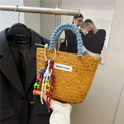 Color-block Minimalist Straw Beach Bag Wicker Basket Tote
