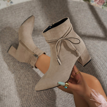 Womens Martin Boots 2026 New Arrival Korean Style Bow Side Zipper Block Heel Fashion Boots Womens Pointed Toe Ankle Boots