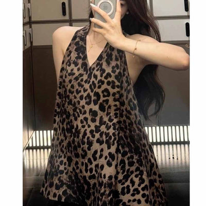 Sexy Alluring Leopard-print V-neck Sleeveless Halter Top