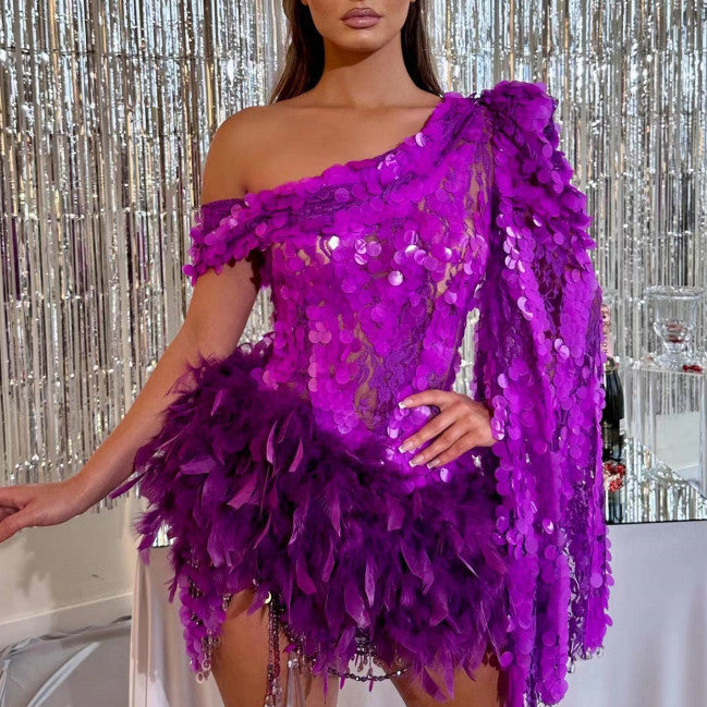 Purple Feather Sequin Dress