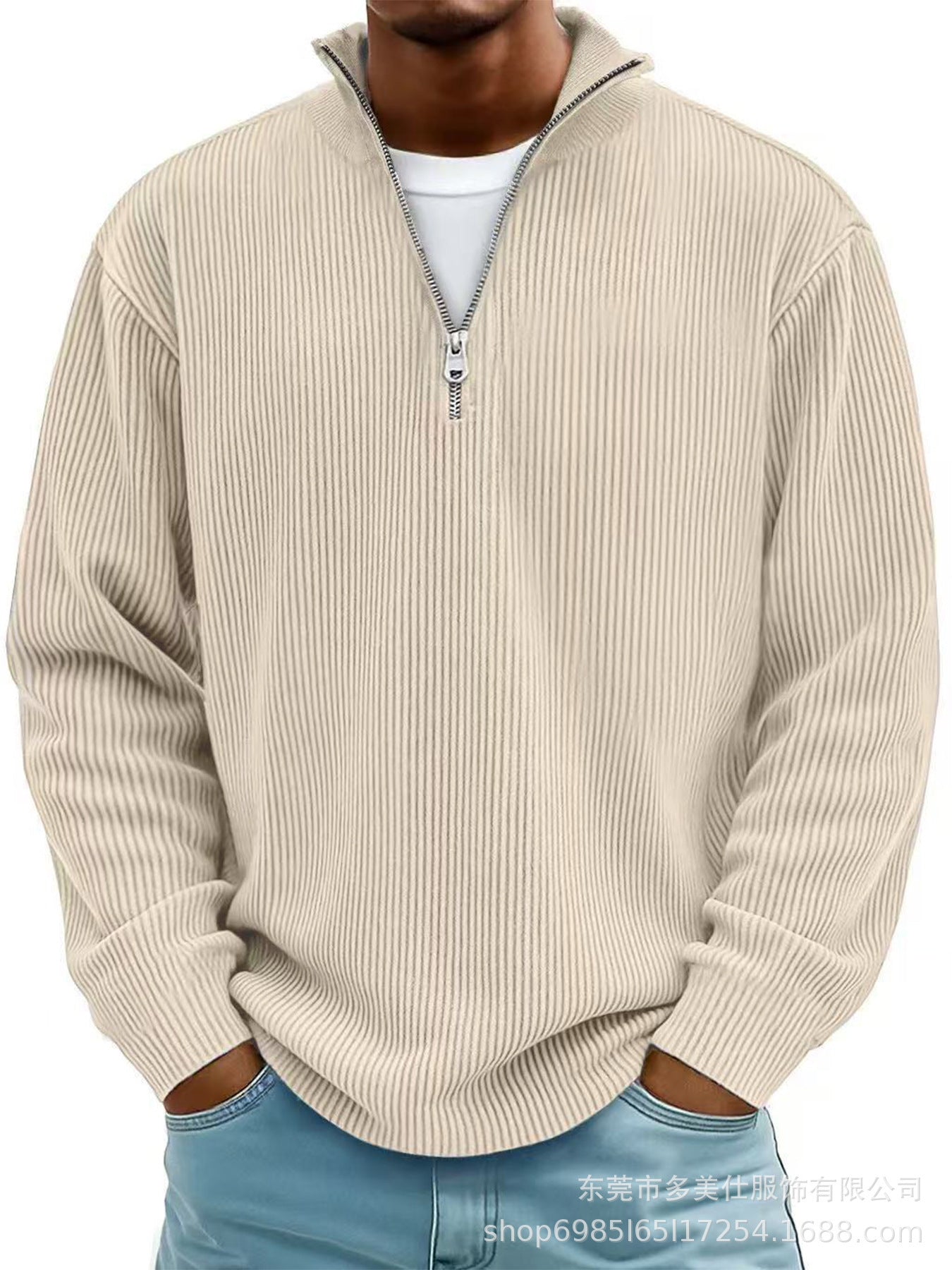 Autumn And Winter New Men's Casual Stand-Up Collar Zipper Corduroy Long-Sleeved Men's Polo Shirt Sweatshirt