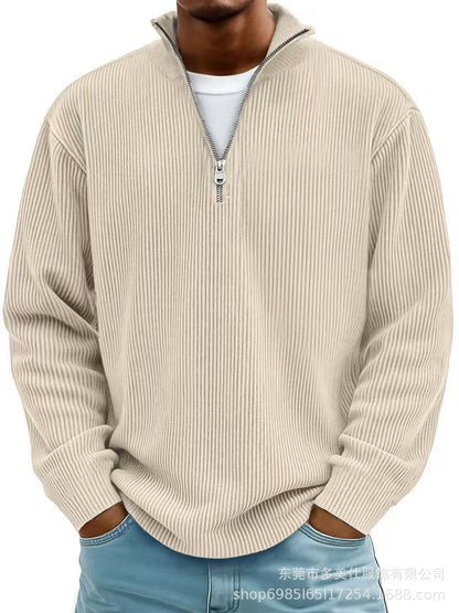 Autumn And Winter New Men's Casual Stand-Up Collar Zipper Corduroy Long-Sleeved Men's Polo Shirt Sweatshirt