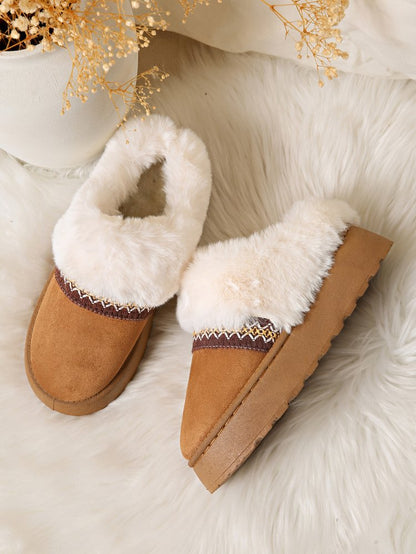 Women's Cross-Border Platform Snow Boots, Furry Trim Closed-Toe Thickened Cotton Slippers, Fleece Warm Indoor Home & Outdoor Wearable Cotton Shoes