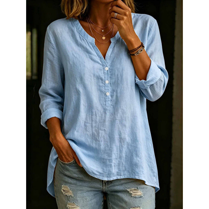 Womens Solid-Color Casual Loose-Fit Button-Up Shirt