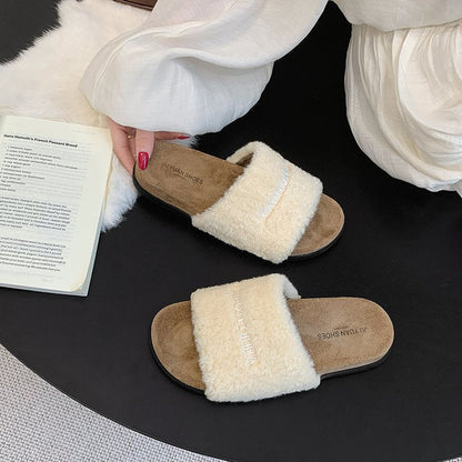 2026 Autumn New Women's Lamb Wool Flat Slippers, Soft Sole Non-Slip Versatile Fashion Furry Slides For Outdoor Wear