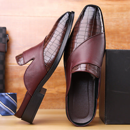 Mens Pointed-toe Leather Half-slippers Without A Heel For Outdoor Wear