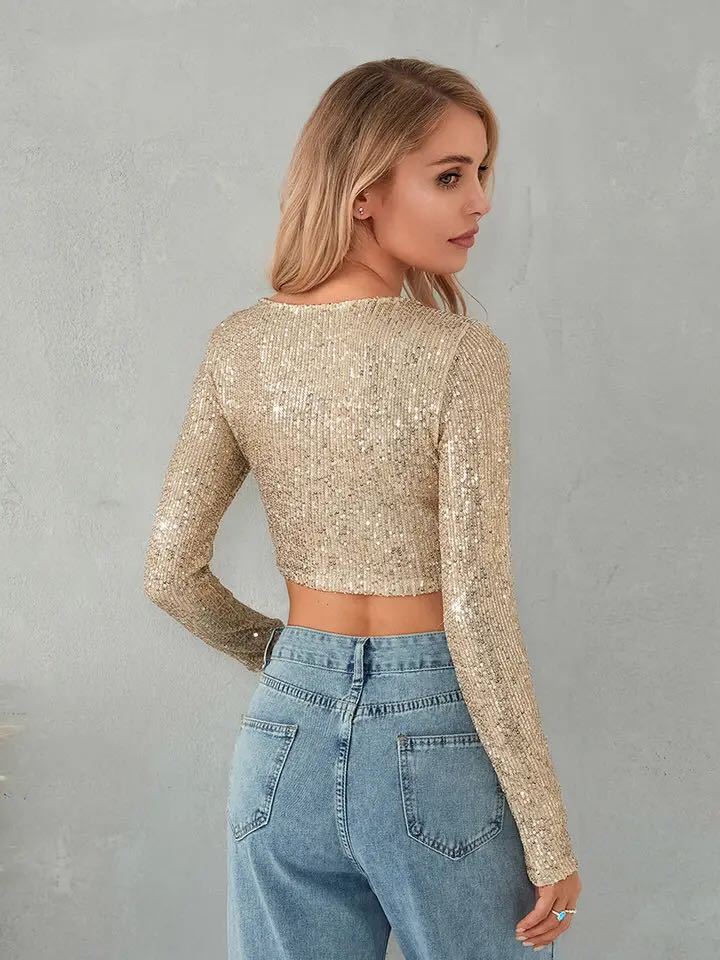 Fashionable Beaded T-shirt Sequined Slim-fit Crop Top