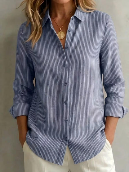 Womens Long-sleeved Linen Shirt With Blue And White Vertical Stripes