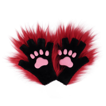 Halloween Long-plush Cat-claw Full-finger And Half-finger Gloves