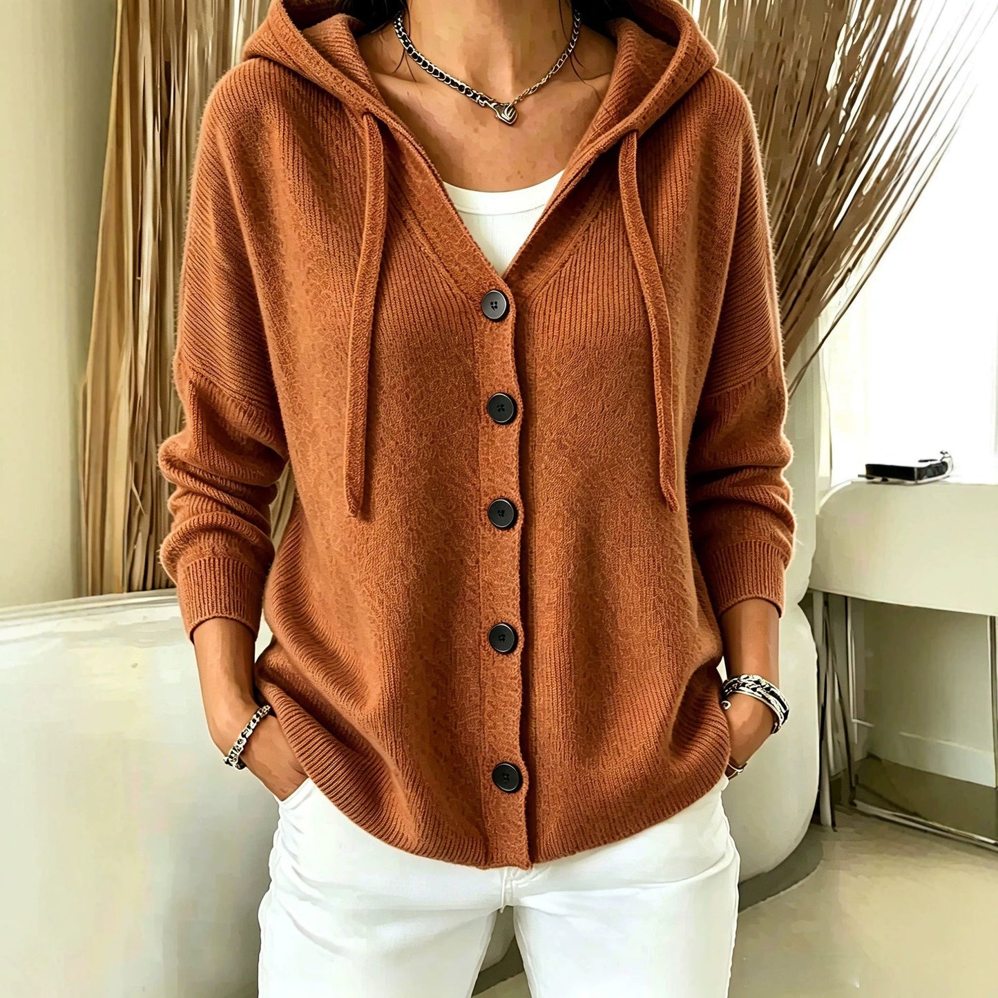 Womens European And American-style Autumnwinter New Hooded Knit Cardigan