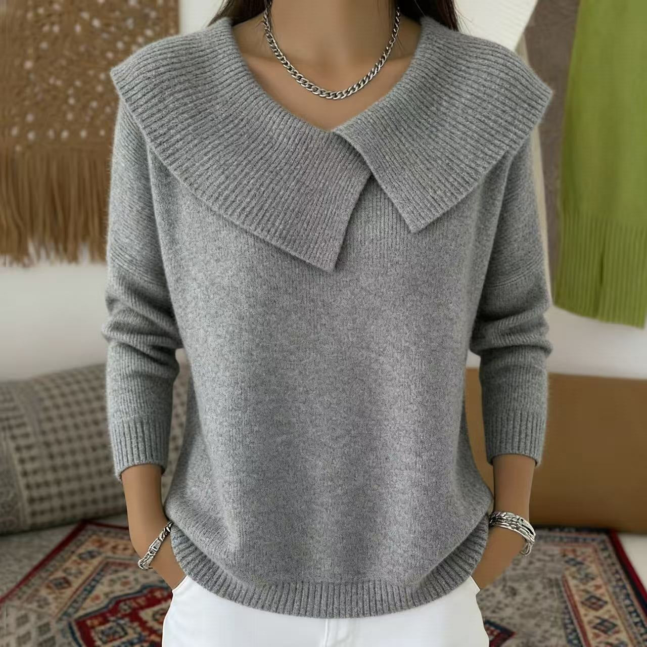 Women's Autumn  Winter New Arrival  Chic Oversized Sweater, Korean Retro Collared Knit Top, Slimming & Versatile