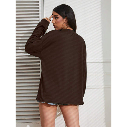 Womens Loose-Fit Solid-Color Plus-Size Long-Sleeve T-Shirt