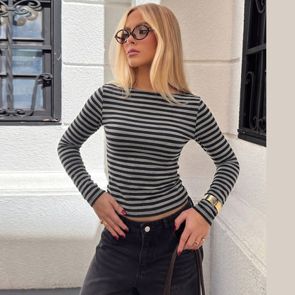 Stylish Crew-neck Long-sleeve Striped Slim-fit Top