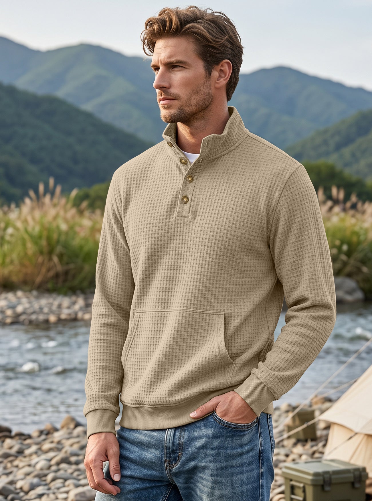 Men's Autumn & Winter Waffle Solid Color Half-Zip Stand Collar Pullover, Foreign Trade Long Sleeve Casual Sweatshirt