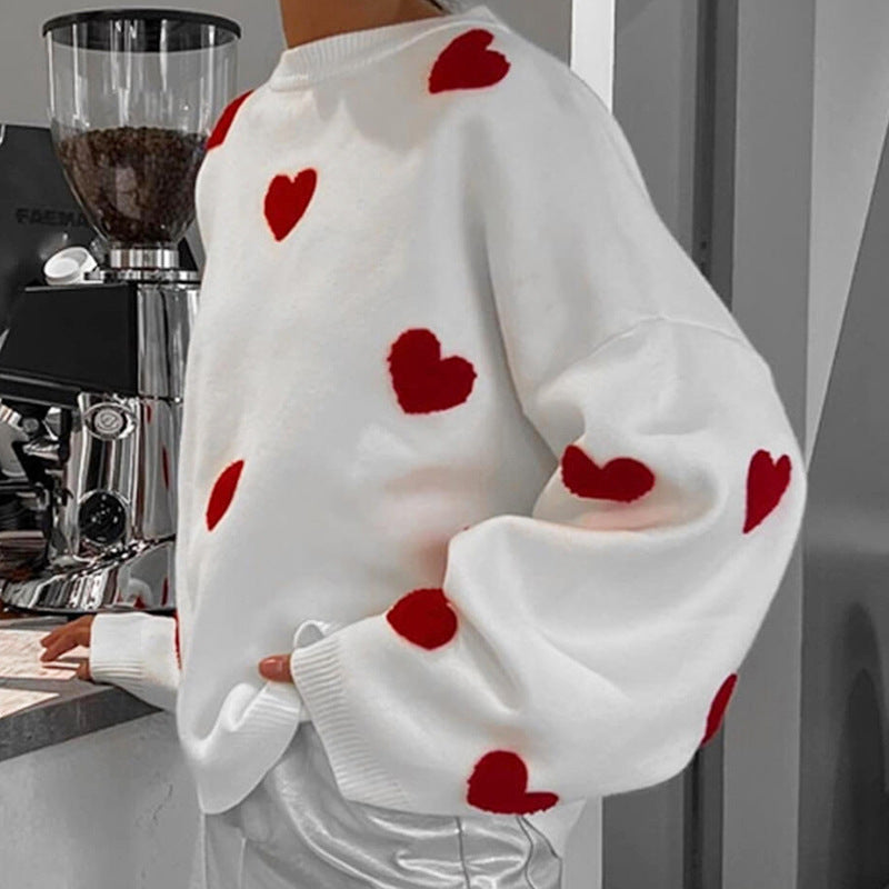 2024 European And American Pullover Love Sweater Crewneck Long Sleeve Loose Knitted All-match Sweater Casual Thickened Top