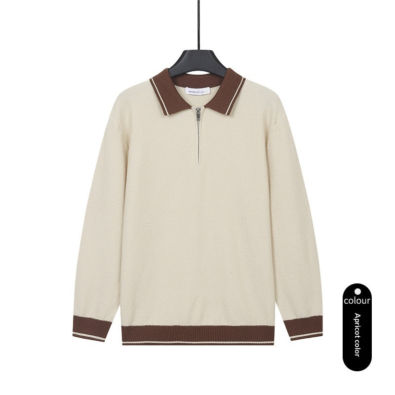 Mens Solid-Color Casual Top With Lapel And Half-Zip