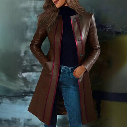 Retro Black Color-block Collar Leather Jacket Trench Coat