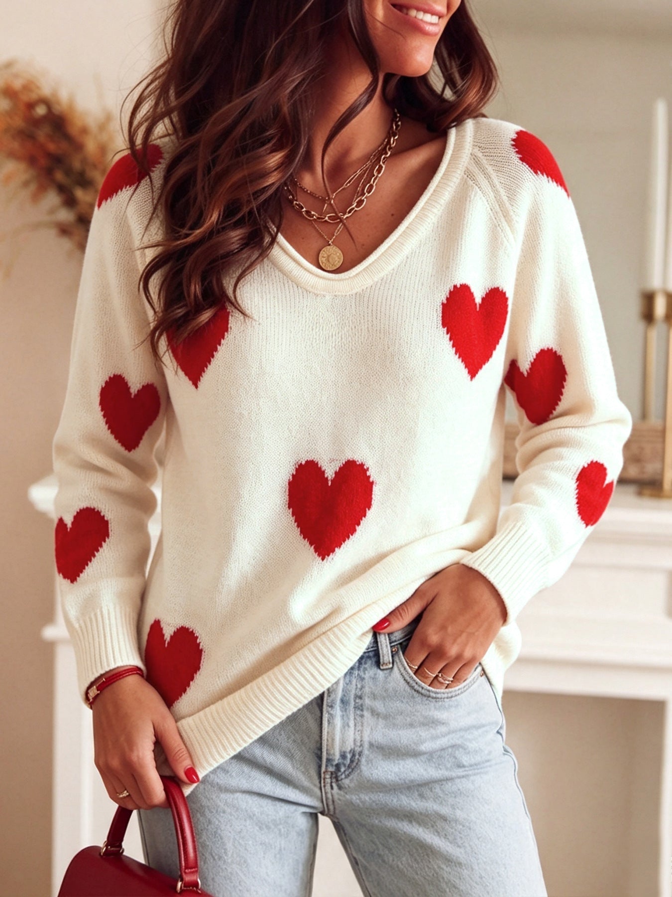 Overzied Casual Cream White All Over Red Heart Pattern Long Sleeve Knit Top For Women