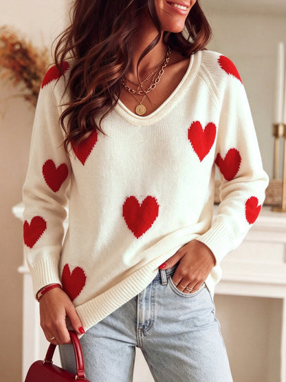 Overzied Casual Cream White All Over Red Heart Pattern Long Sleeve Knit Top For Women