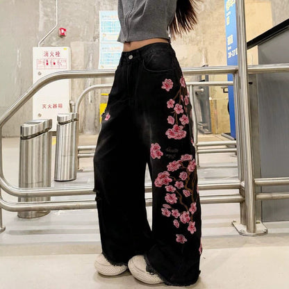 Womens Retro Floral Embroidery Jeans