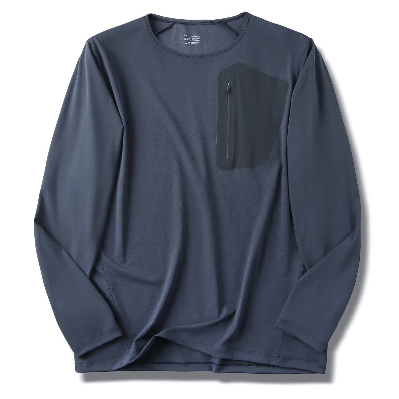 Men's Crew Neck Long Sleeve T-Shirt, Cotton Feel Moisture Wicking Quick Dry Athletic Shirts, Outdoor Hiking Tops With Seam Sealed Zipper Chest Pocket For Fall