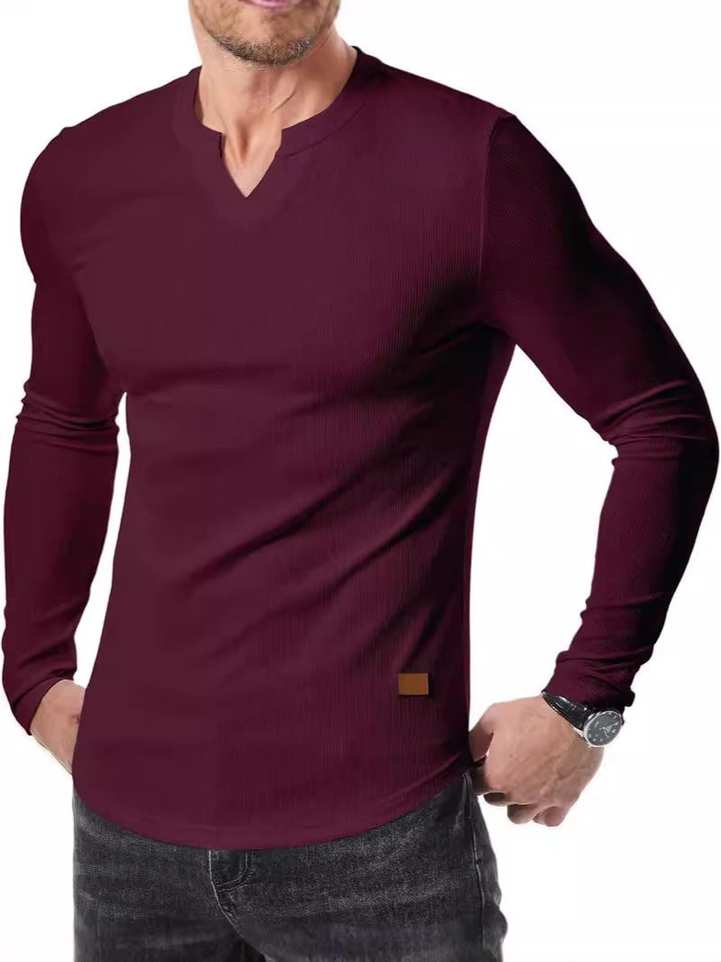 Cross-border Amazon New Foreign Trade Autumn And Winter Men's V-neck Pit T-shirt Solid Color Casual Fashion Men's Long Sleeve