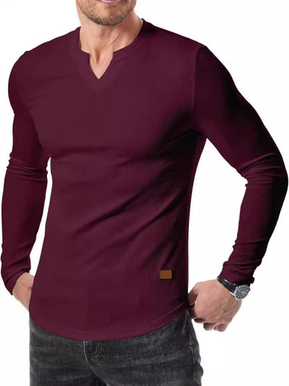 Cross-border Amazon New Foreign Trade Autumn And Winter Men's V-neck Pit T-shirt Solid Color Casual Fashion Men's Long Sleeve