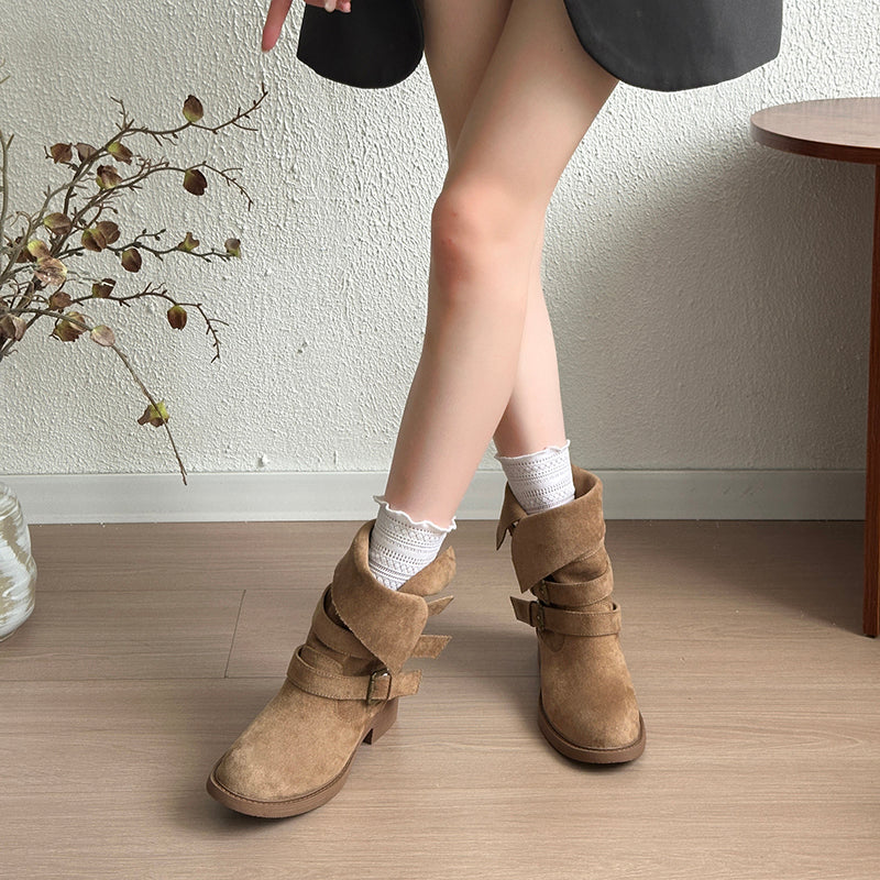 Vintage Belt Buckle Slouchy Boots Women 2026 Fall New Block Heel Mid Calf Western Cowboy Short Boots