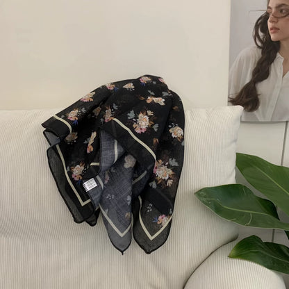 Korean-style Cashew Flower Cotton-Linen Square Scarf For Women