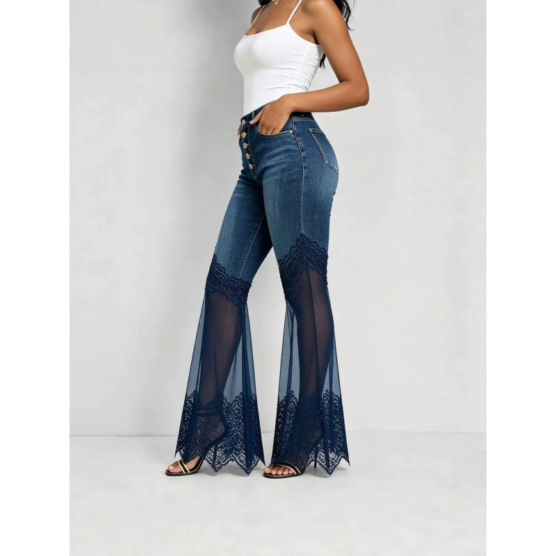 High-waisted Denim Flared Jeans With A Multi-tiered Asymmetrical Hem