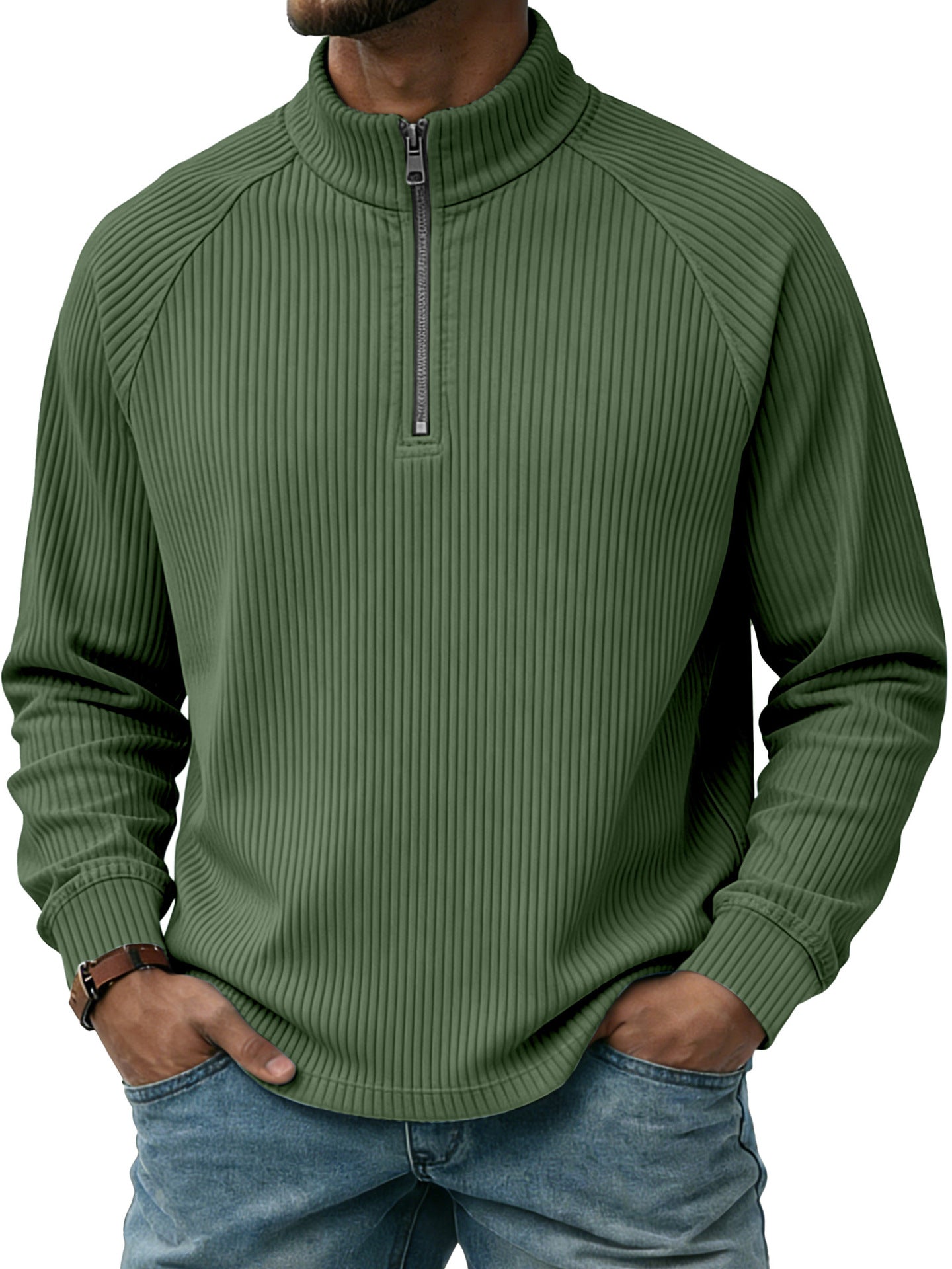 Mens Vertical-Striped Zip-Up Stand-Collar Long-Sleeve Polo Shirt