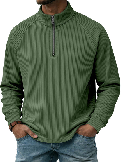 Mens Vertical-Striped Zip-Up Stand-Collar Long-Sleeve Polo Shirt