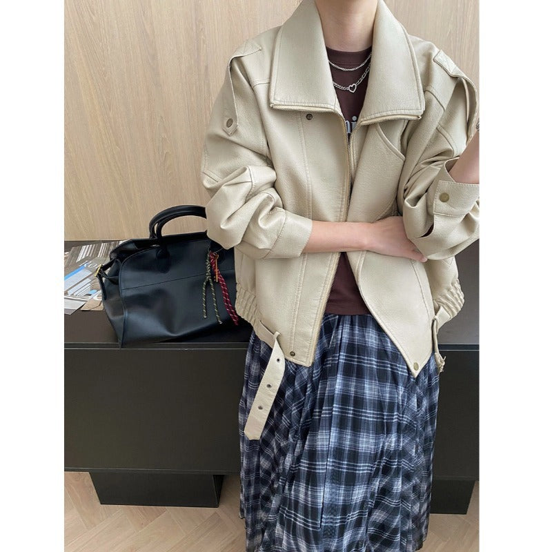 American-style Vintage Matte PU Leather Lapel Loose Biker Leather Jacket