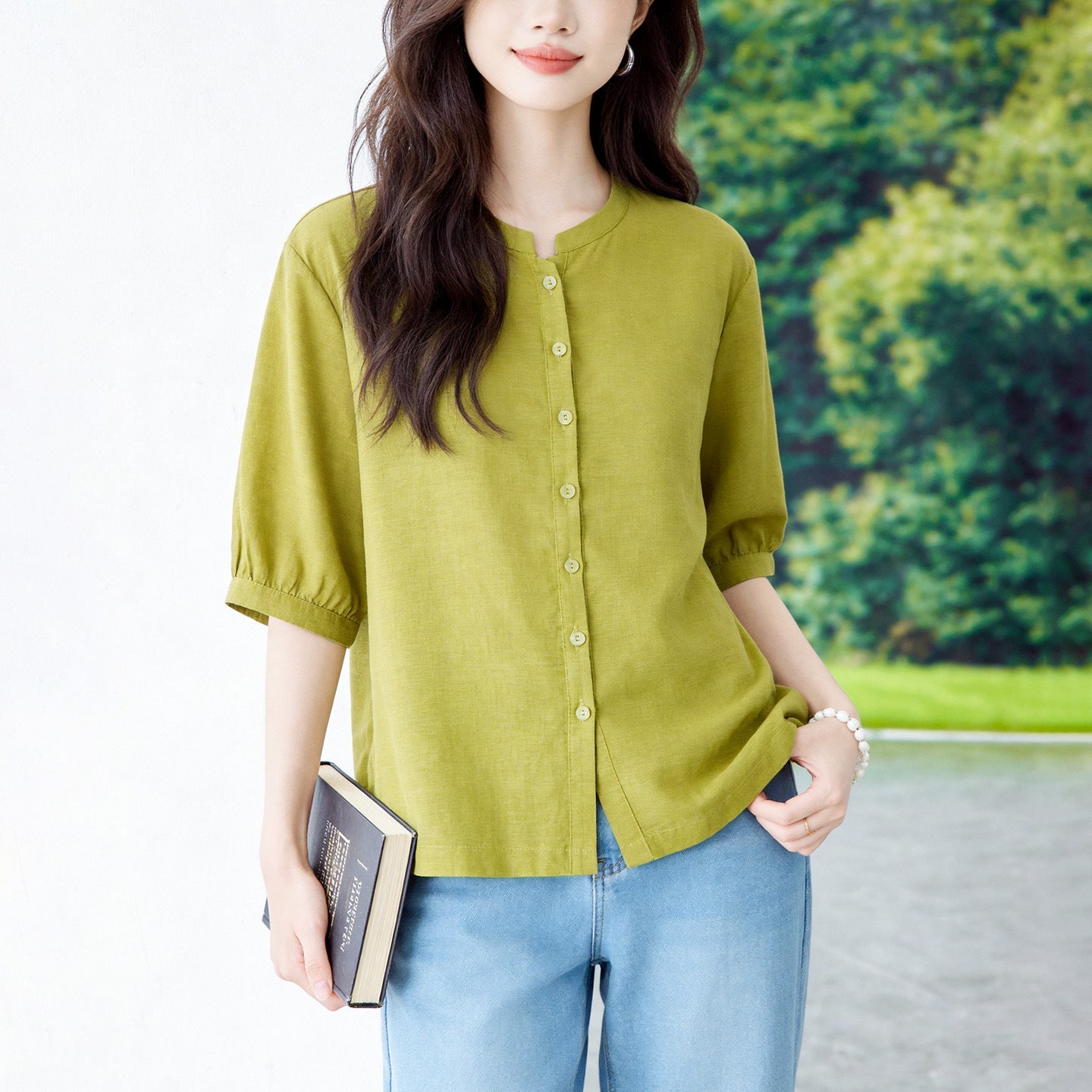 Retro Cotton-linen Blouse For Women Three-quarter Sleeves Arrival Round Neck
