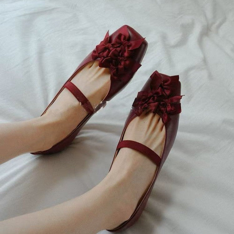 Women French Bow Square Toe Mary Jane Shoes 2025 New Elegant Block Heel Soft Sole Low Cut Ballet Flats