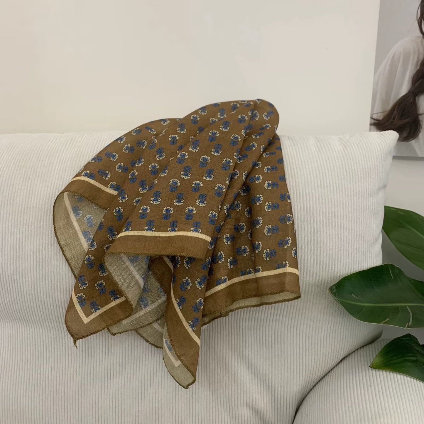 Korean-style Cashew Flower Cotton-Linen Square Scarf For Women