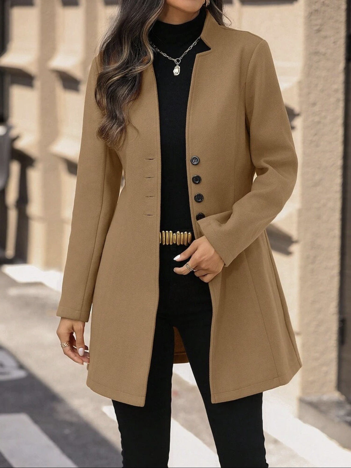 Elegant Wool Stand-collar Trench Coat Mid-length Style For Women