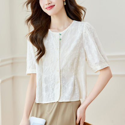 Round-neck Embroidered Shirt Womens Short-sleeve Top