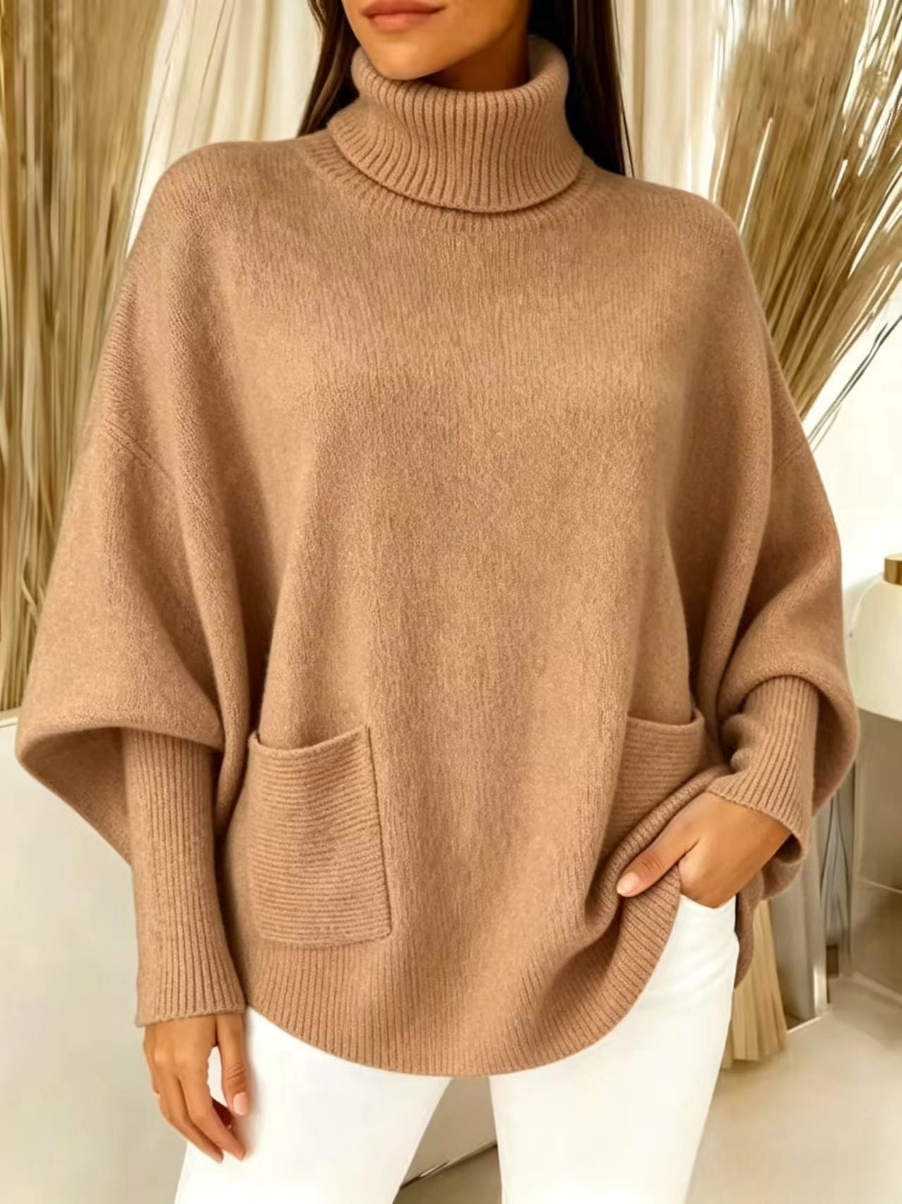 Fashionable Solid-Color Long-Sleeve Turtleneck Sweater For Women