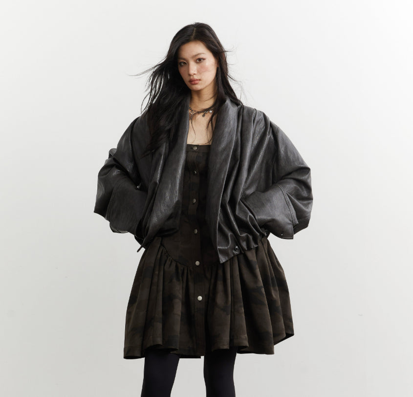Gender-neutral Pleated Silhouette Ebony-brown Faux Leather PU Jacket