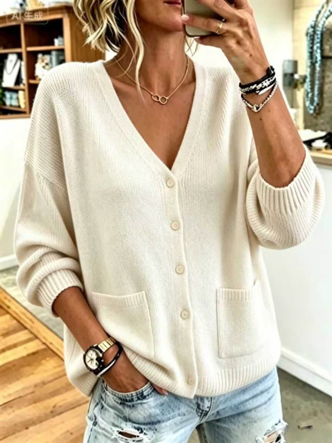 Solid-color Drop-shoulder Long-sleeve Soft Sweater